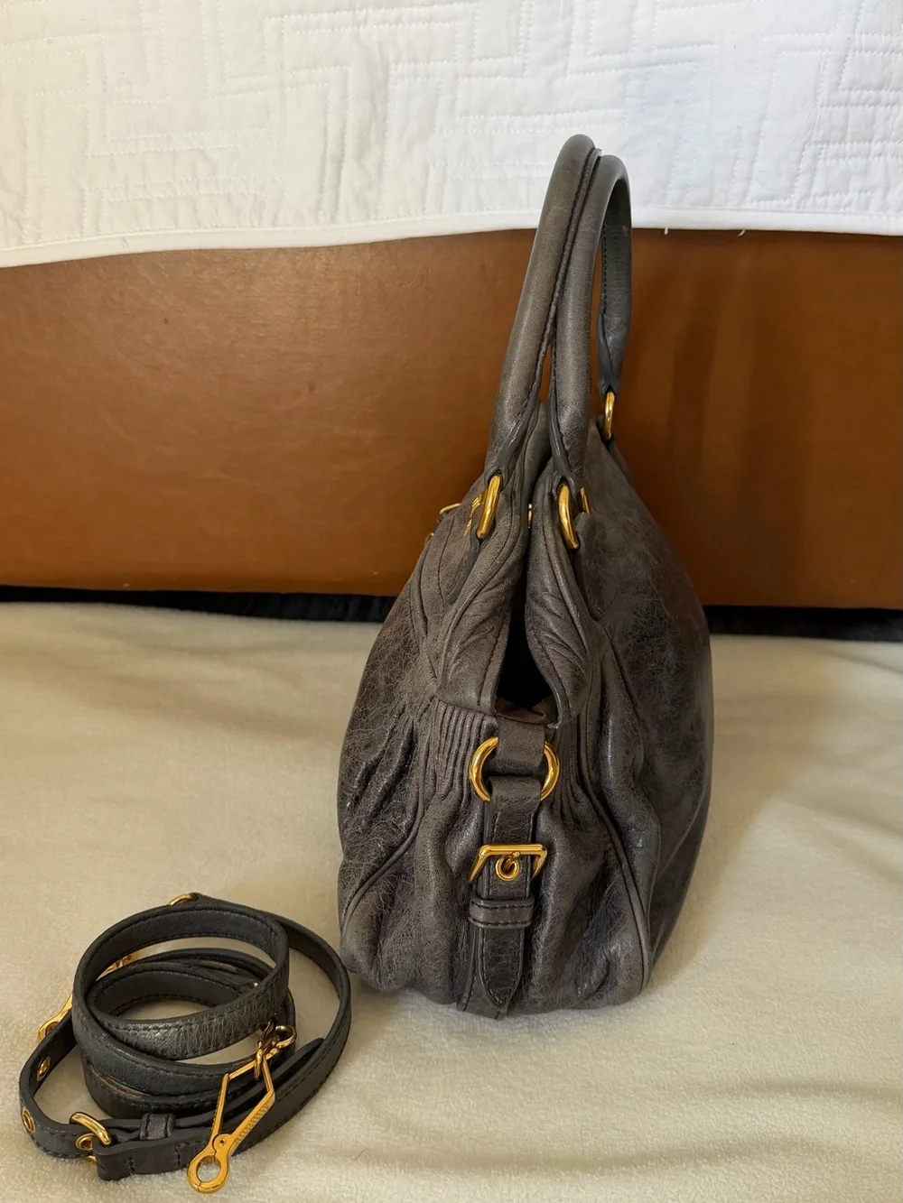 Miu Miu Dark Gray Leather Top-Handle Satchel with Gold Hardware